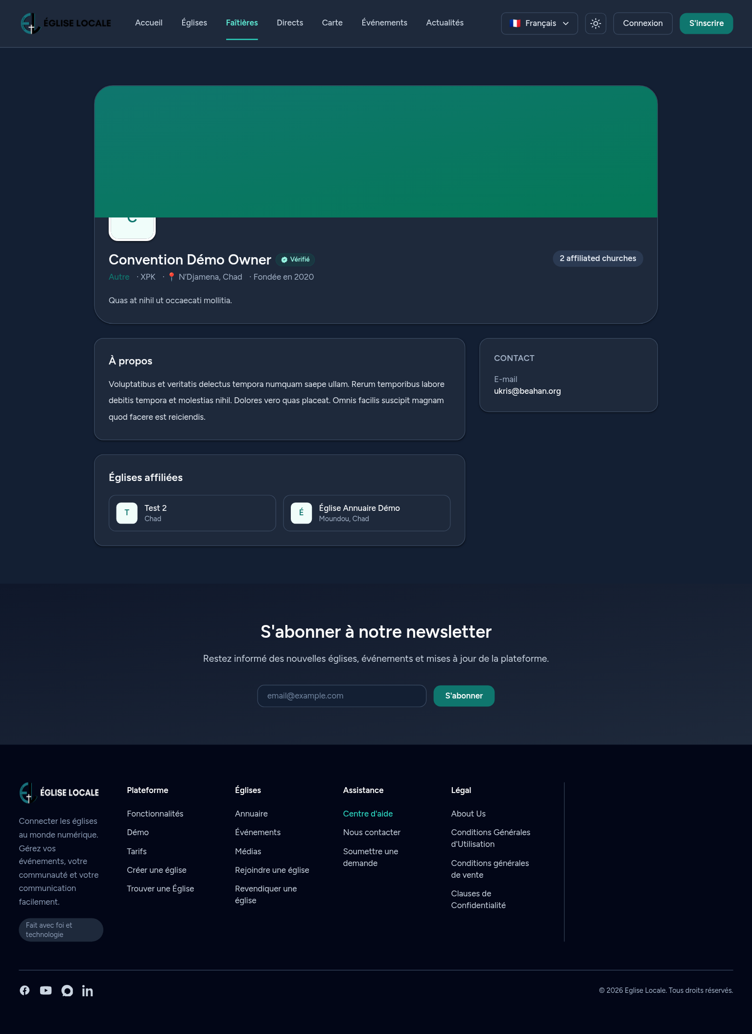 「Verified faîtière」バッジと加盟教会を備えた、公開連合組織プロフィール。
