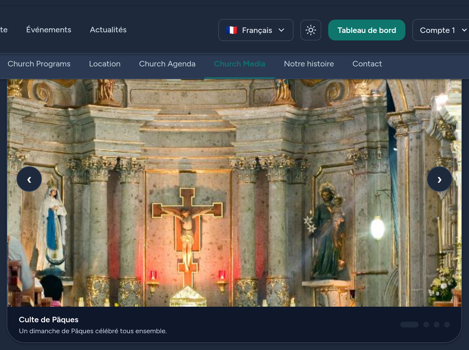 I media sulla pagina pubblica della tua chiesa — un elegante carosello con didascalie; i video si riproducono al volo. Mostrati nella lingua di ogni visitatore.