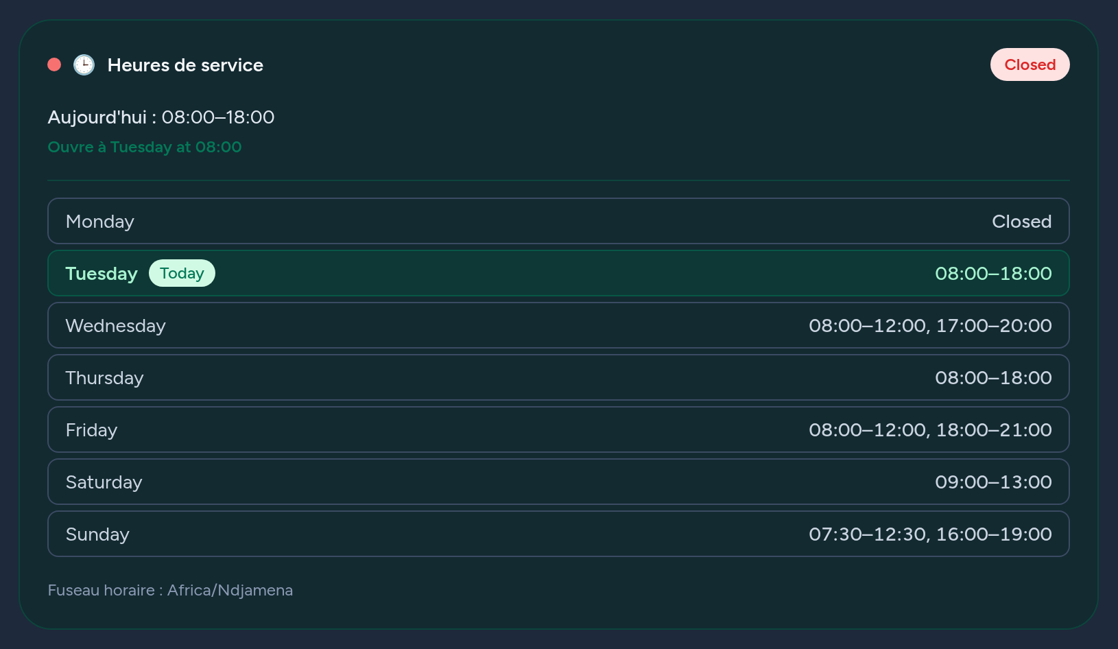 Auf Ihrer öffentlichen Kirchenseite: ein Live-Status „geöffnet / geschlossen“, die heutigen Zeiten und der vollständige Wochenplan.