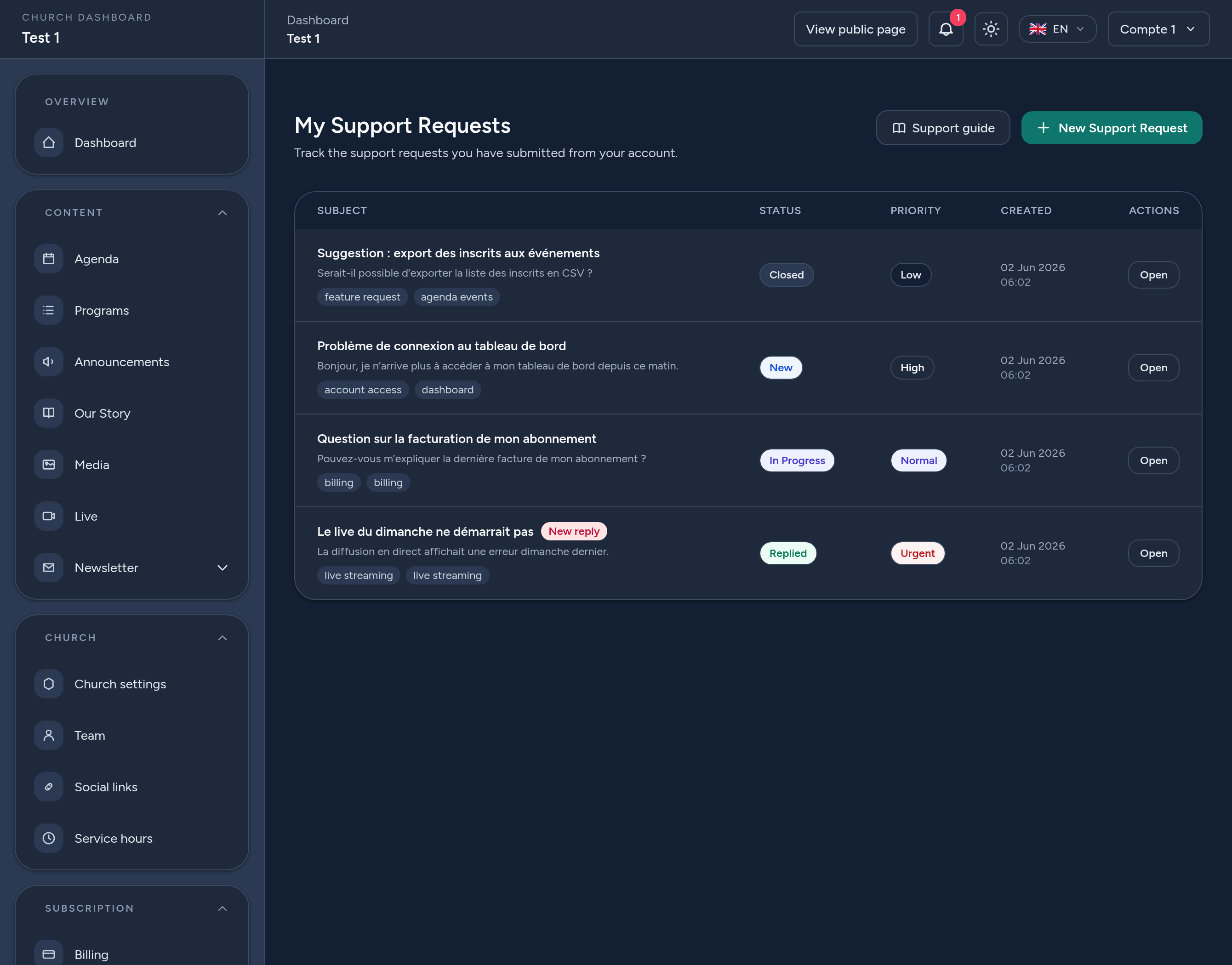 Le mie richieste di supporto: ogni ticket con il suo stato (Nuovo, In corso, Risposto, Chiuso) e priorità.